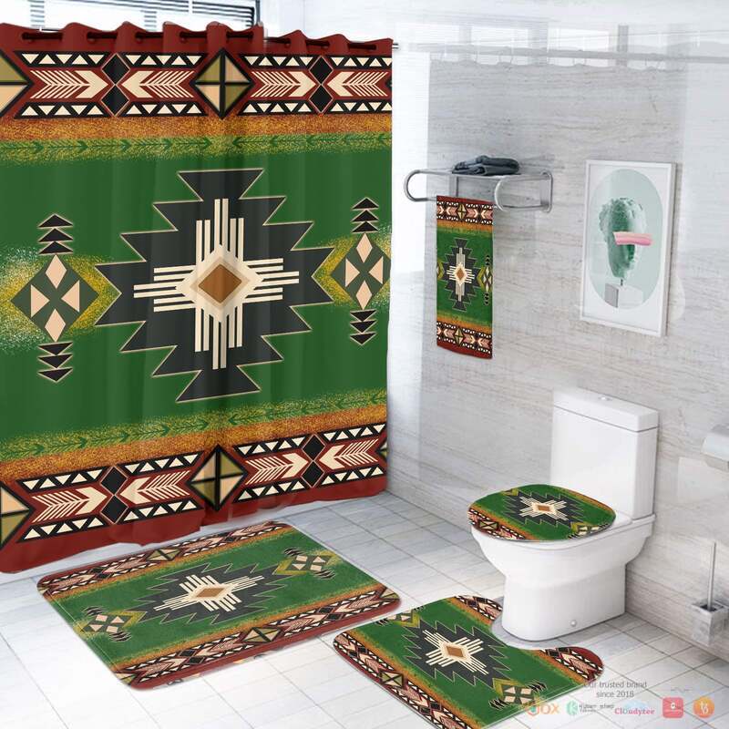 NEW Southwest Green Symbol Native American Shower Curtain Set 2