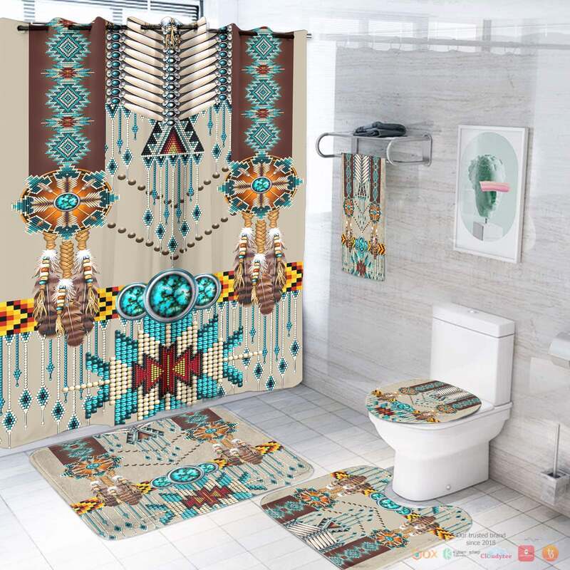NEW Turquoise Blue Pattern Breastplate Native American Shower Curtain Set 2