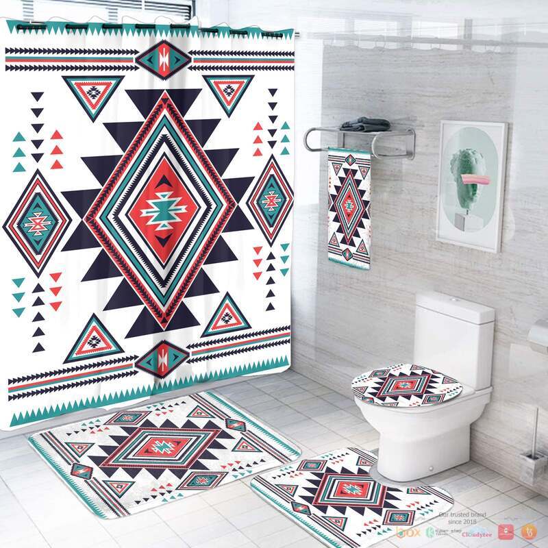 NEW White Geometric Native American Shower Curtain Set 2