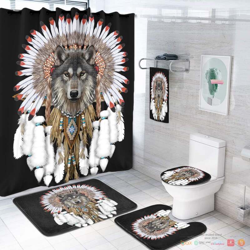 NEW Wolf With Feather Headdress Native American Shower Curtain Set 3