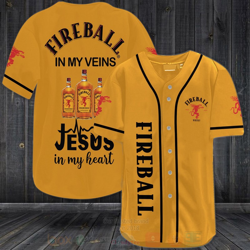 TOP Fireball Cinnamon Whisky In My Veins Jesus Is My Heart AOP Baseball Jersey Shirt 3