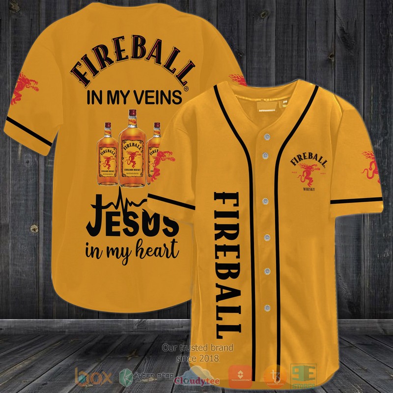 NEW Fireball Cinnamon Whisky in my veins Jesus in my heart medium amber Baseball shirt 2