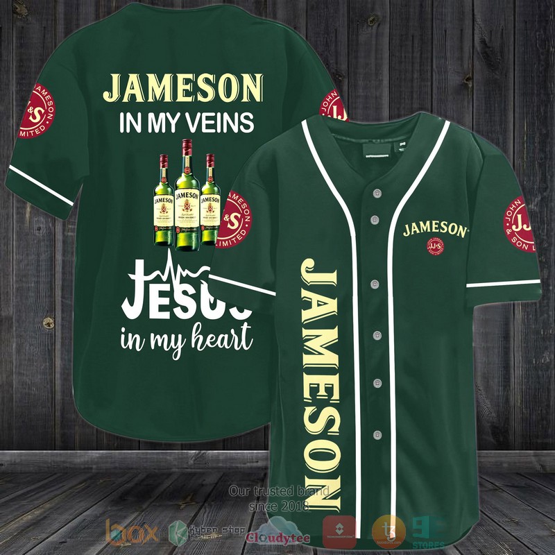 NEW Jameson in my veins Jesus in my heart dark green Baseball shirt 3