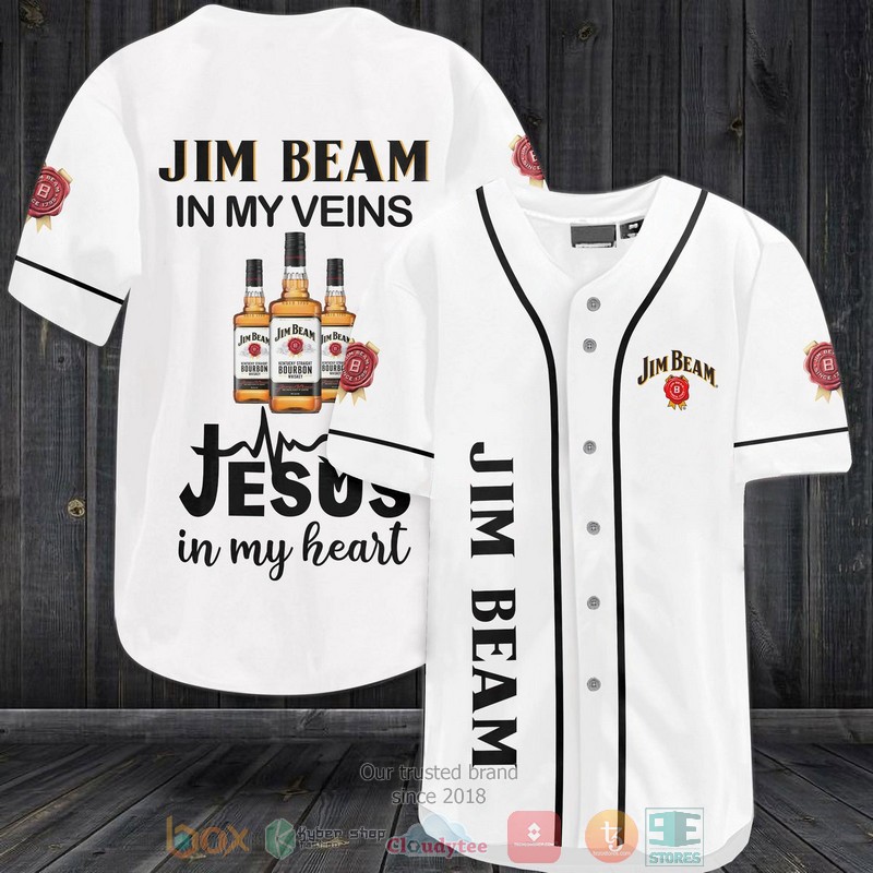 NEW Jim Beam in my veins Jesus in my heart white Baseball shirt 3