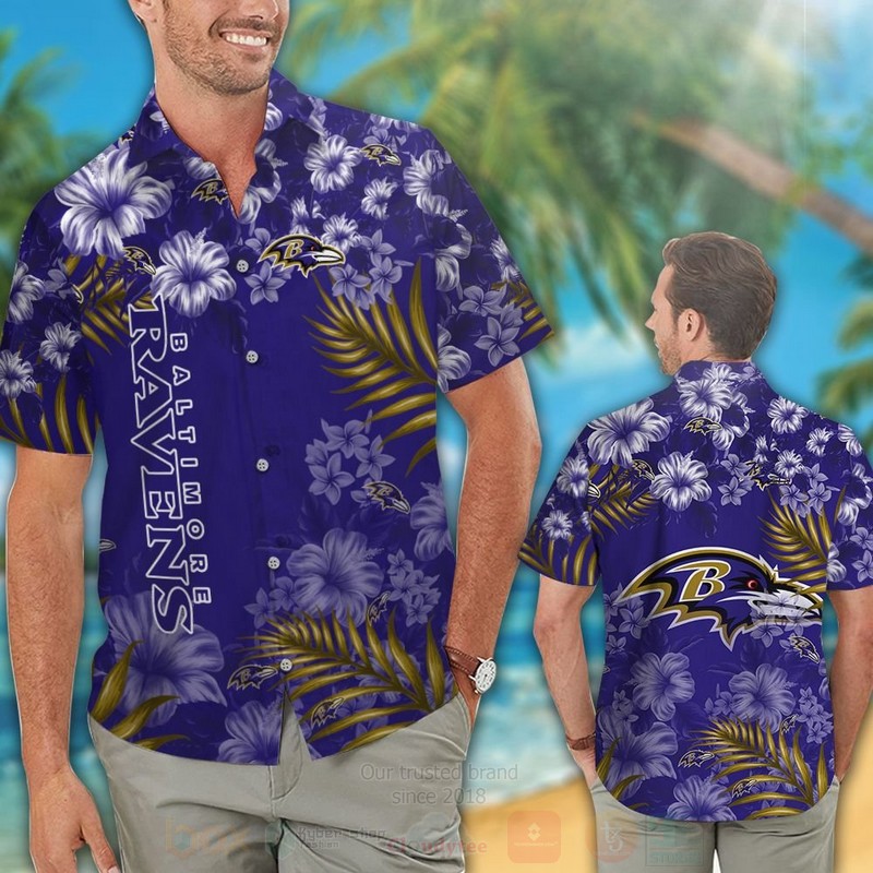 TOP NFL Baltimore Ravens Blue Hibiscus Flowers Tropical Shirt, Short 12