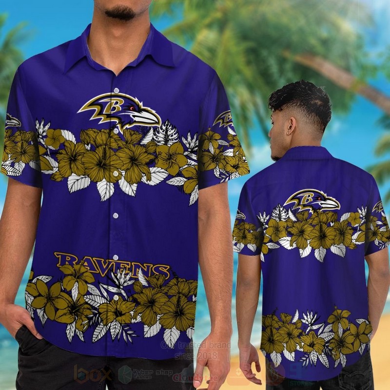 TOP NFL Baltimore Ravens Brown Hibiscus Flowers Tropical Shirt, Short 12