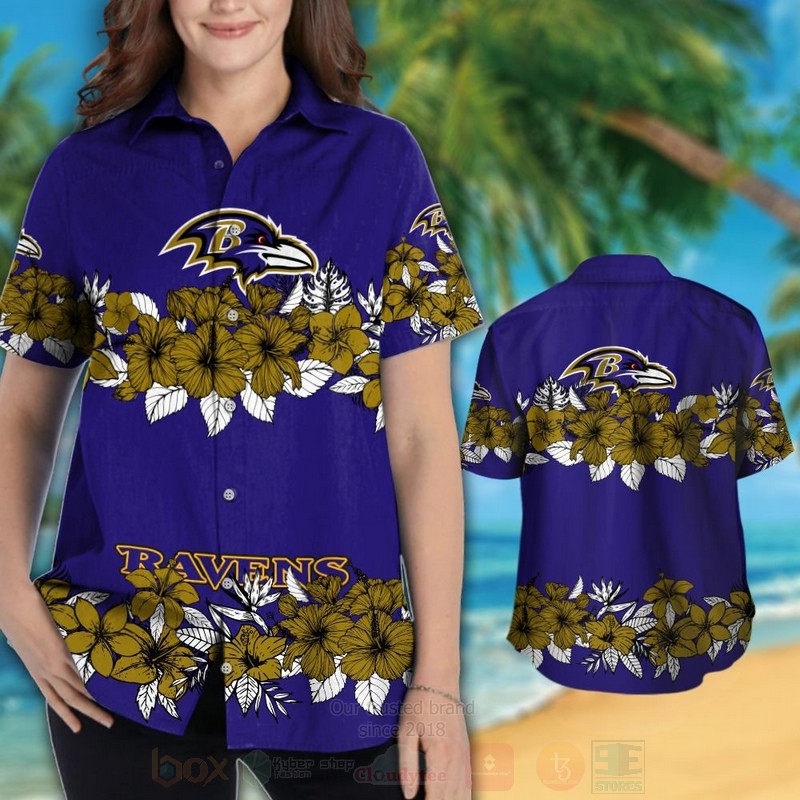 Alternative view of TOP NFL Baltimore Ravens Brown Hibiscus Flowers Tropical Shirt, Short