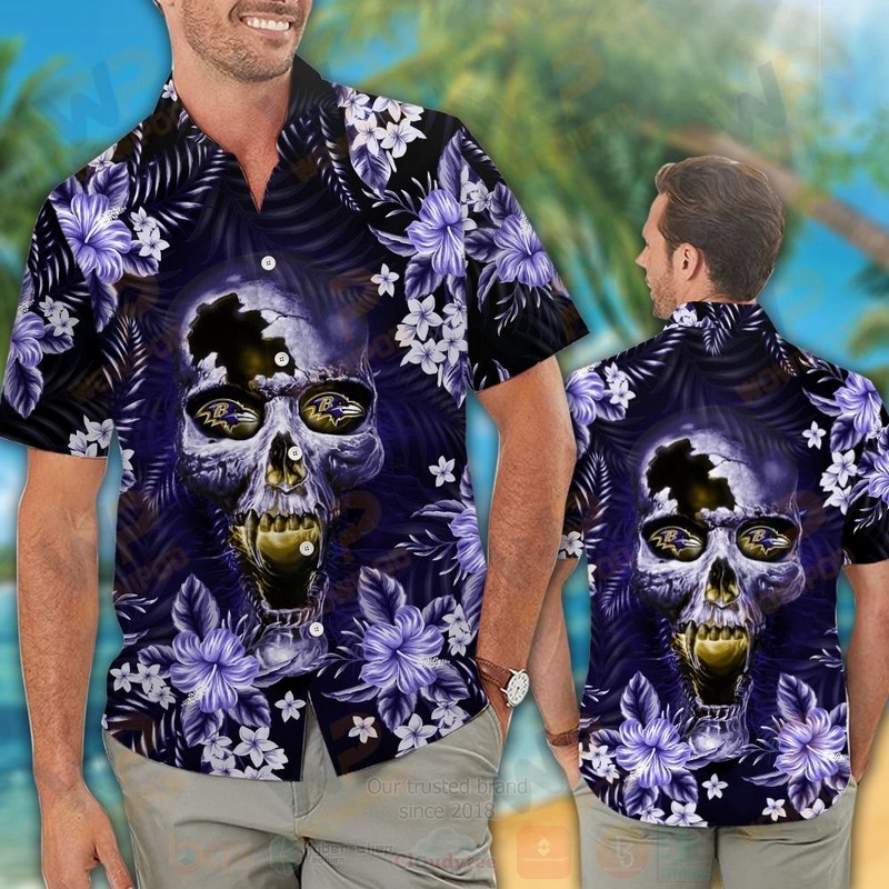TOP NFL Baltimore Ravens Skull Tropical Shirt, Short 10