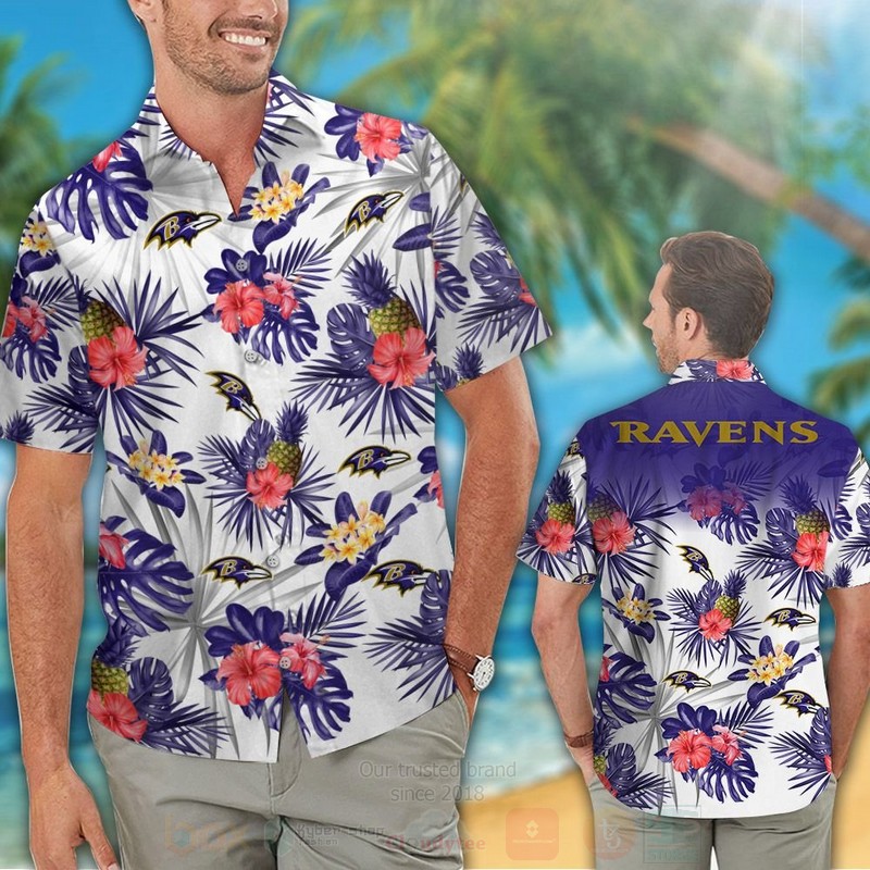 TOP NFL Baltimore Ravens White-Red Hibiscus Flowers Tropical Shirt, Short 6