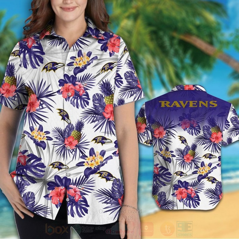 Alternative view of TOP NFL Baltimore Ravens White-Red Hibiscus Flowers Tropical Shirt, Short