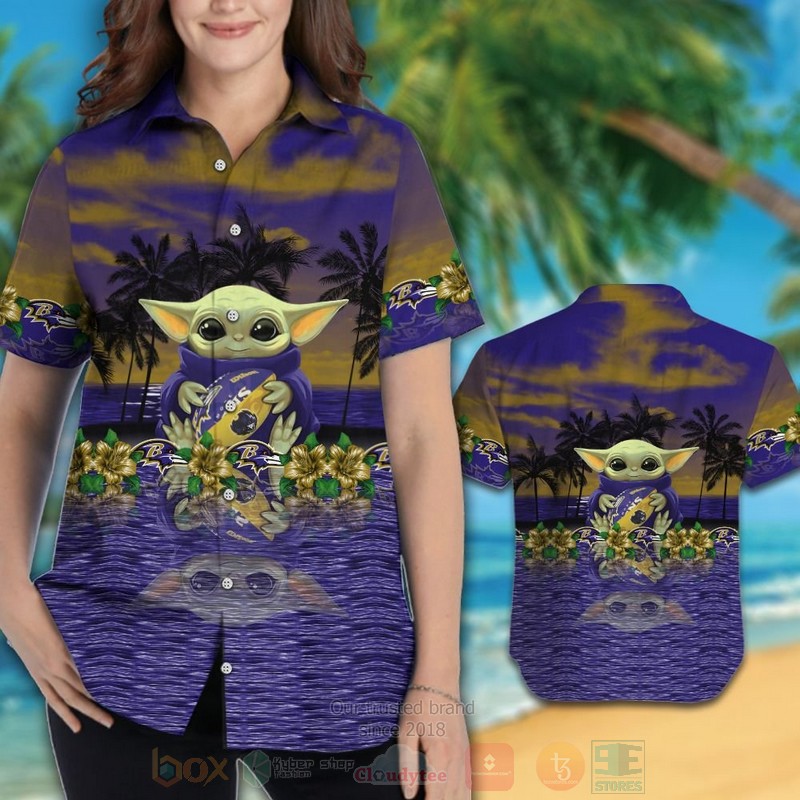 TOP NFL Baltimore Ravens and Baby Yoda Tropical Shirt, Short - Image 3