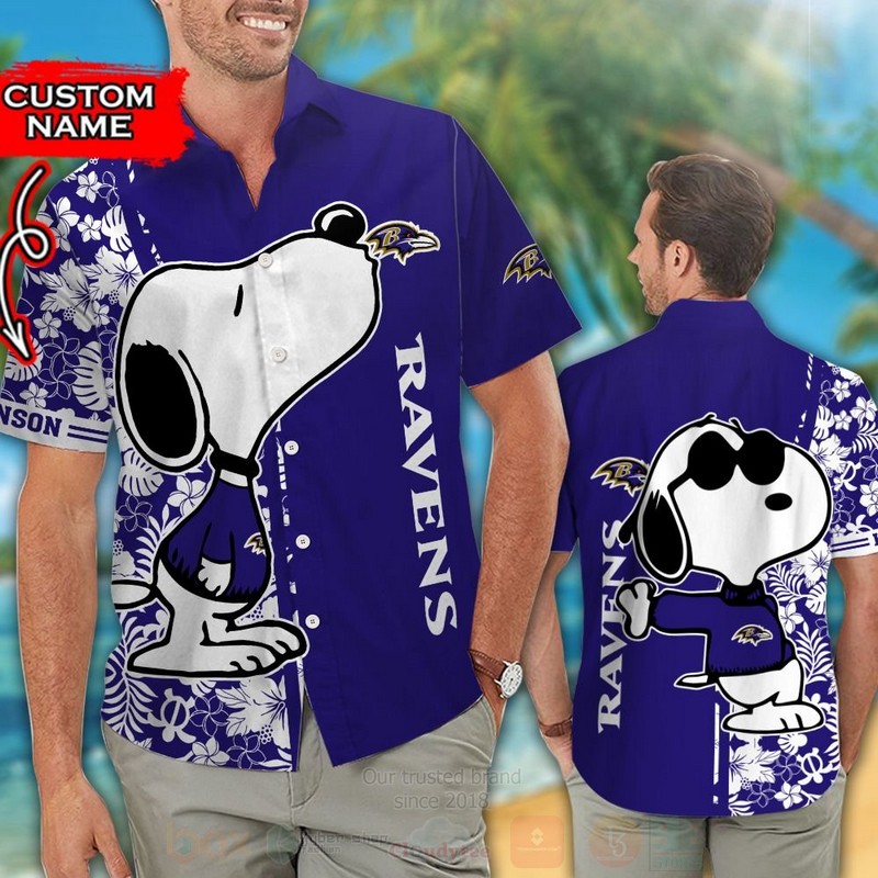 TOP NFL Baltimore Ravens and Snoopy Custom Name Tropical Shirt, Short 12