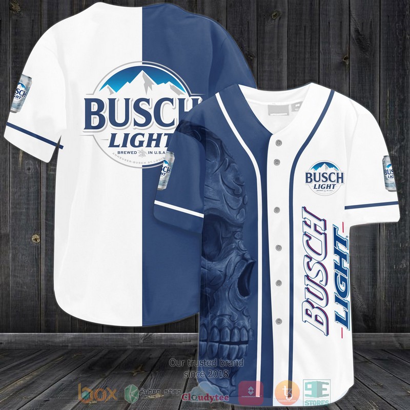 NEW Skull Busch Light white blue Baseball shirt 2