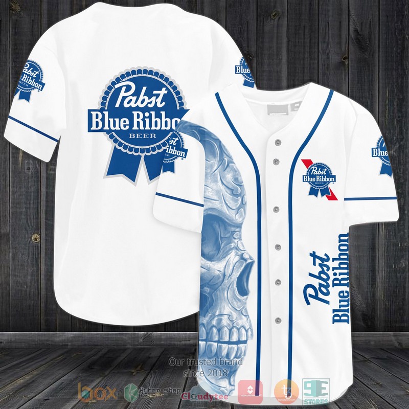 NEW Skull Pabst Blue Ribbon Beer white blue Baseball shirt 2