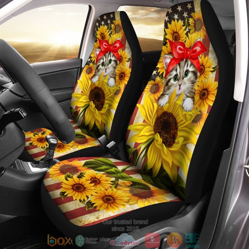 BEST Cat Sunflower American Flag Car Seat Cover 1