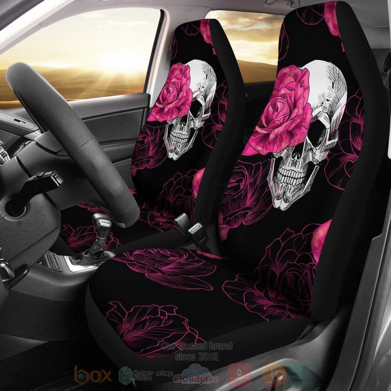 HOT Pink Flower Skull Car Seat Cover 9