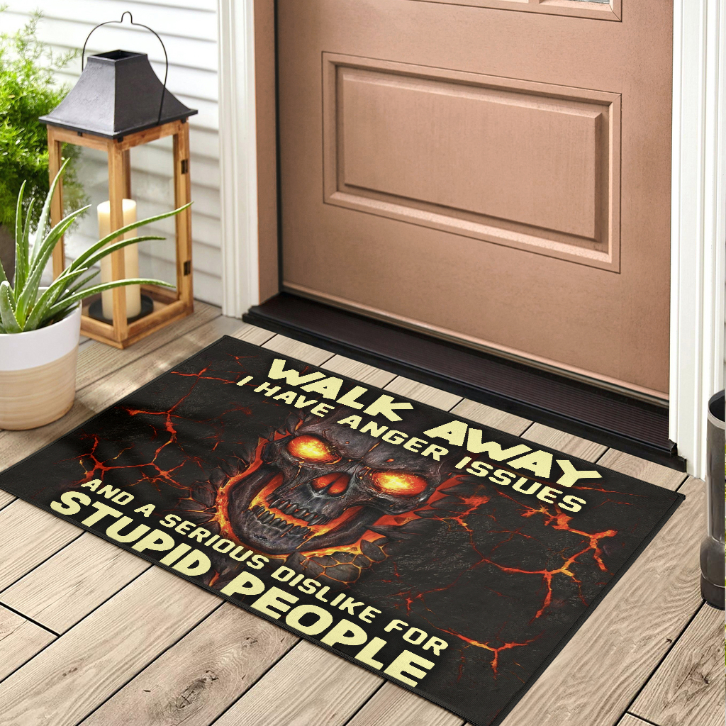 HOT Walk away I have anger issues and a serious dislike for stupid people Skull flame Doormat 2