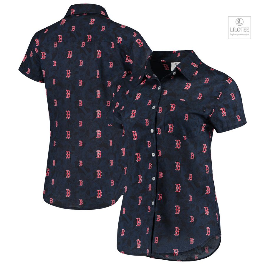 BEST Boston Red Sox FOCO Women's Floral Button Up Shirt Navy Hawaiian Shirt 6