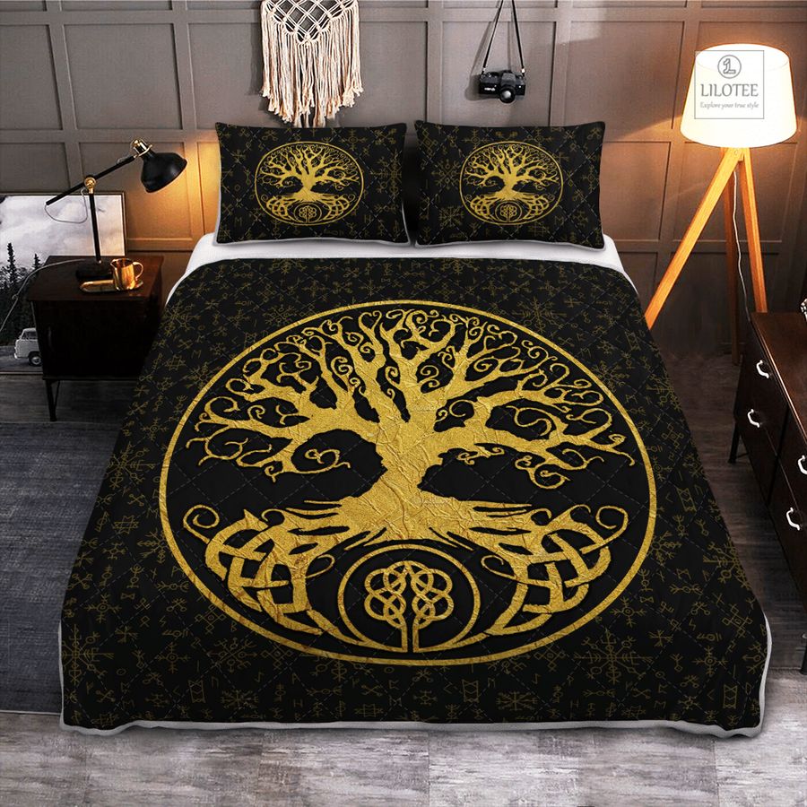 BEST Gold Tree Of Life Yggdrasil Viking Black Bedding Set 10