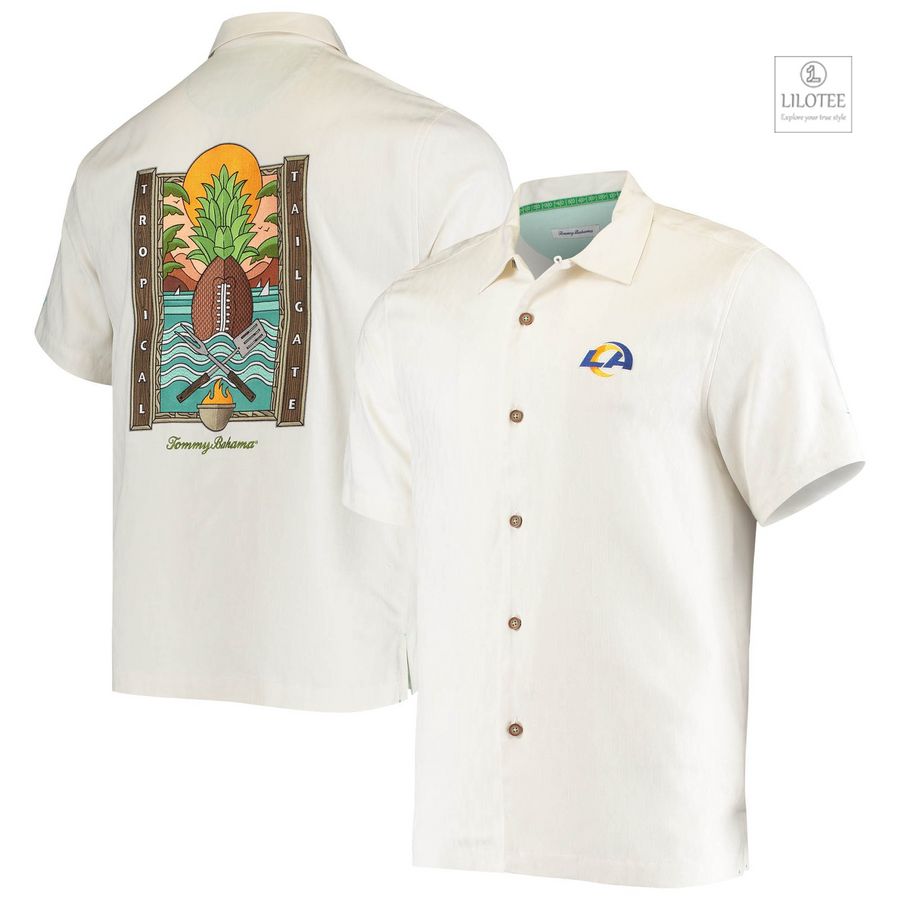 BEST Los Angeles Rams Tommy Bahama Sport Tropical Tailgate Silk White Hawaiian Shirt 6