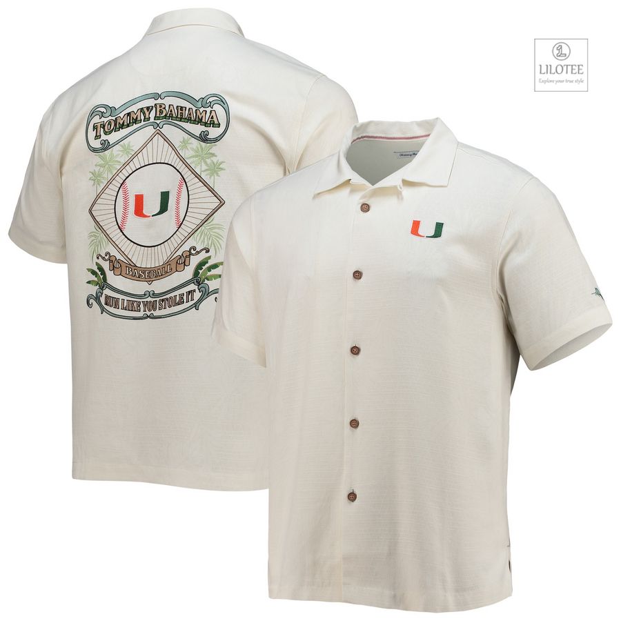BEST Miami Hurricanes Tommy Bahama Run Like You Stole It Camp White Hawaiian Shirt 6