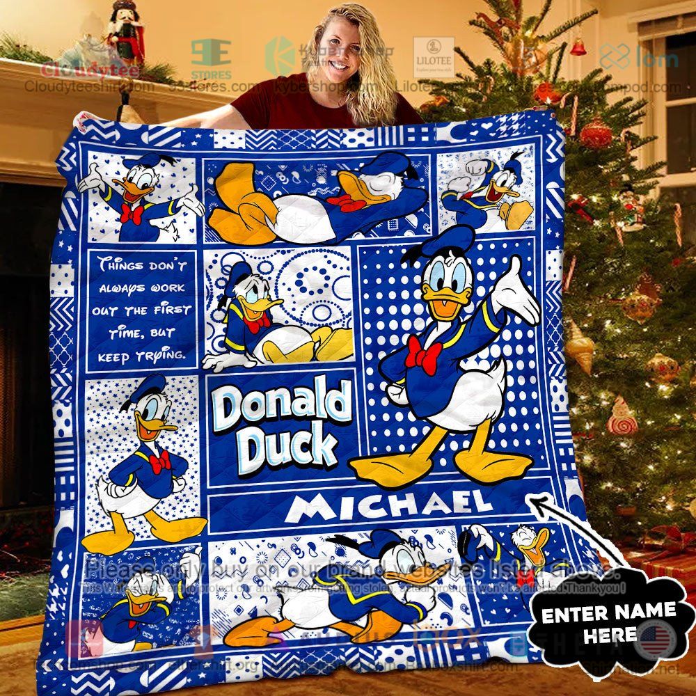 NEW Donald Duck Things don't always work out the first time, but keep trying blue Custom Name Quilt 7