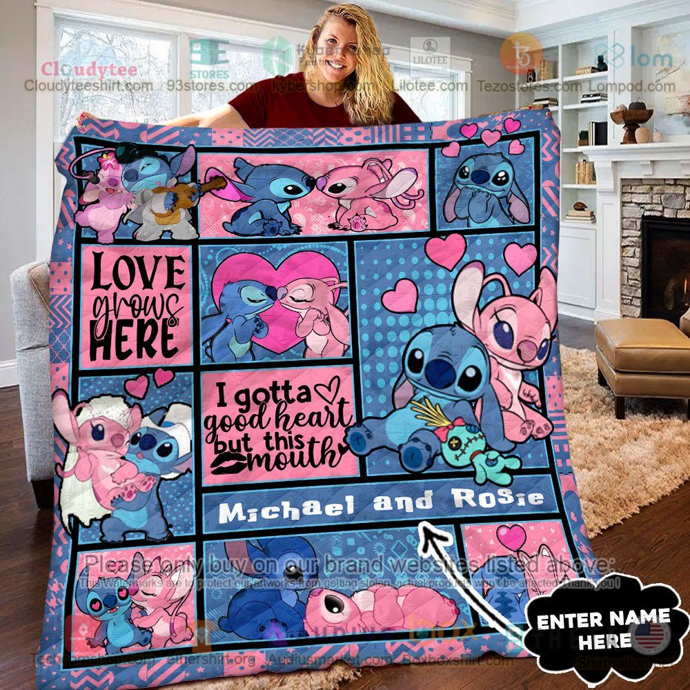 NEW Stitch and Angel Love Grows Here Custom Name Quilt 7