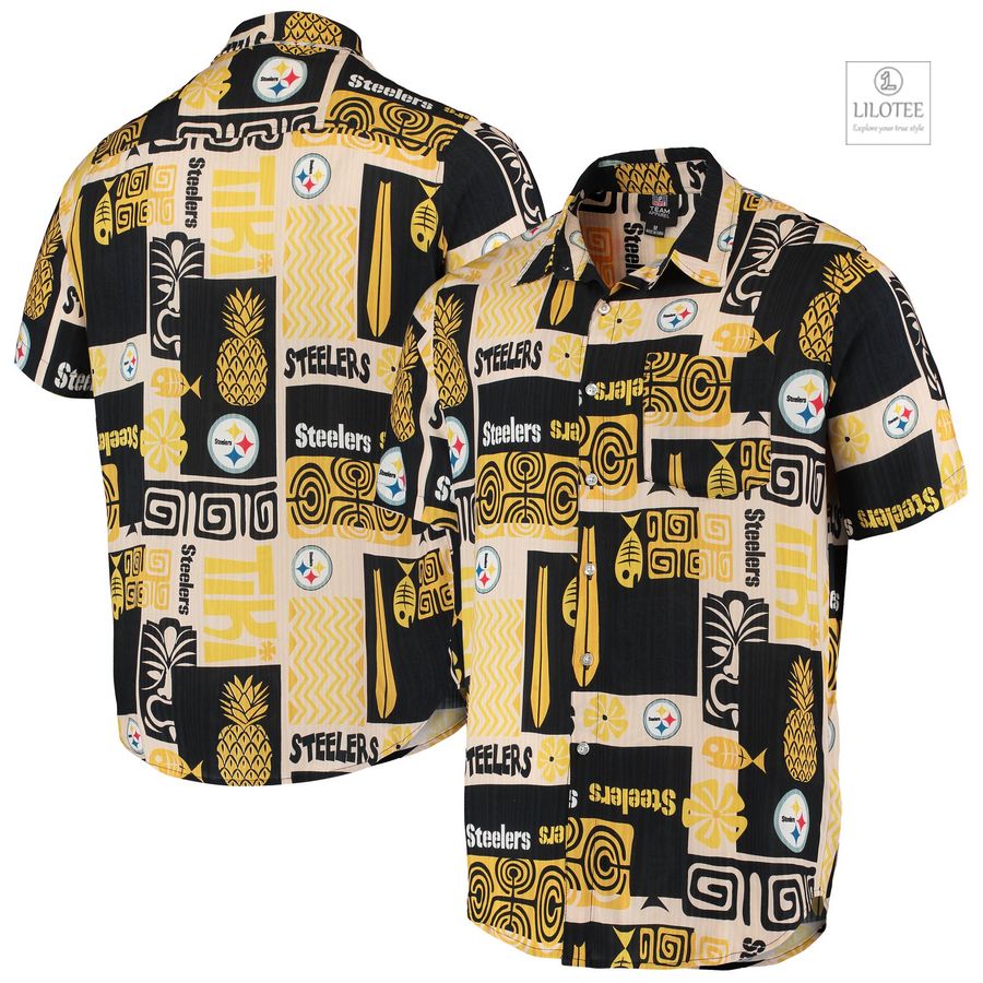 BEST Pittsburgh Steelers Tiki Floral Woven Black and Tan Hawaiian Shirt 6