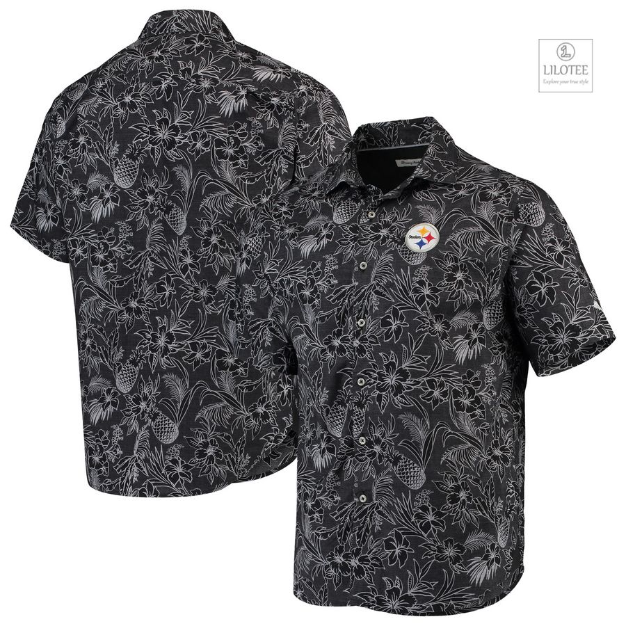 BEST Pittsburgh Steelers Tommy Bahama Tiki Luau Woven Black Hawaiian Shirt 7