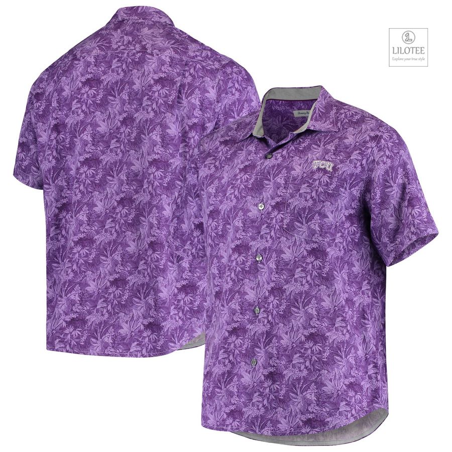 BEST TCU Horned Frogs Tommy Bahama Sport Jungle Shade Camp Purple Hawaiian Shirt 6