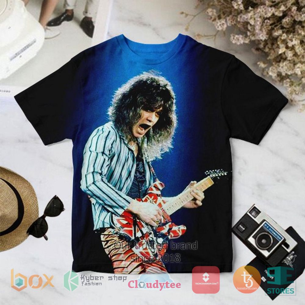 HOT Van Halen Eddie playing guitar blue 3D T-Shirt 3