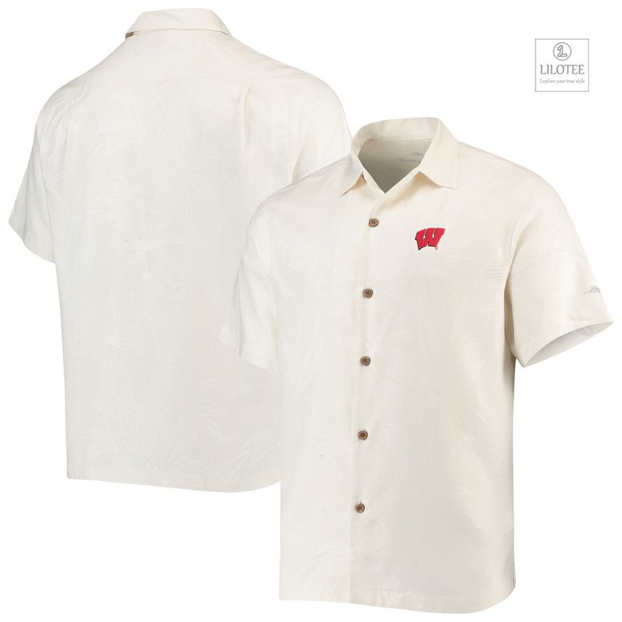 BEST Wisconsin Badgers Tommy Bahama Al Fresco Tropics Jacquard White Hawaiian Shirt 6