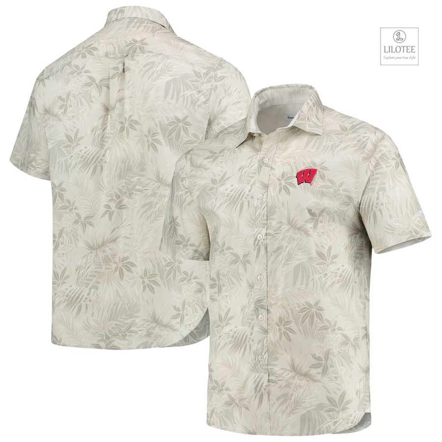 BEST Wisconsin Badgers Tommy Bahama Forest Fronds Oatmeal Hawaiian Shirt 6