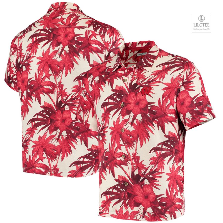 BEST Wisconsin Badgers Tommy Bahama Harbor Island Hibiscus Red Hawaiian Shirt 6