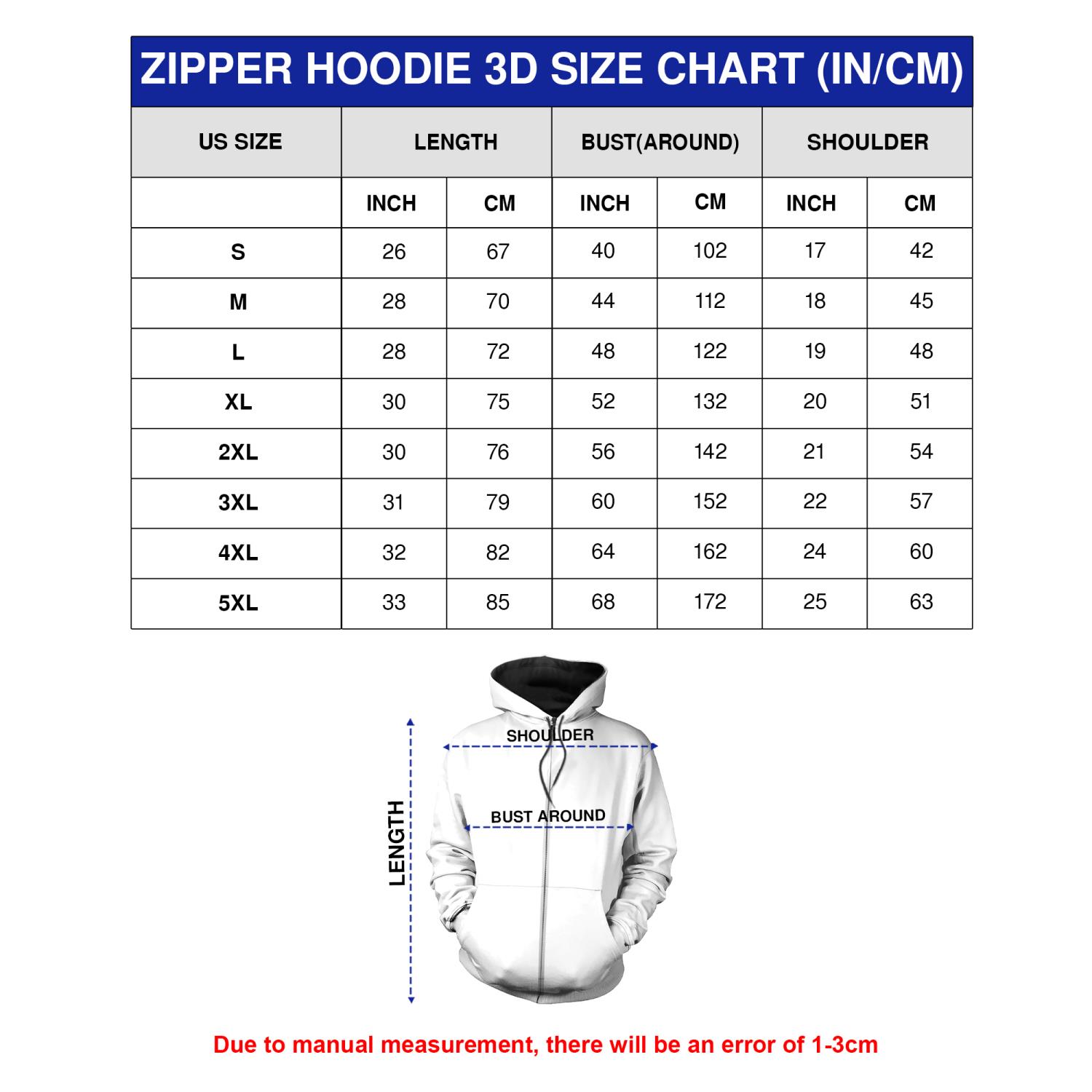 Zip Hoodie Size Chart: