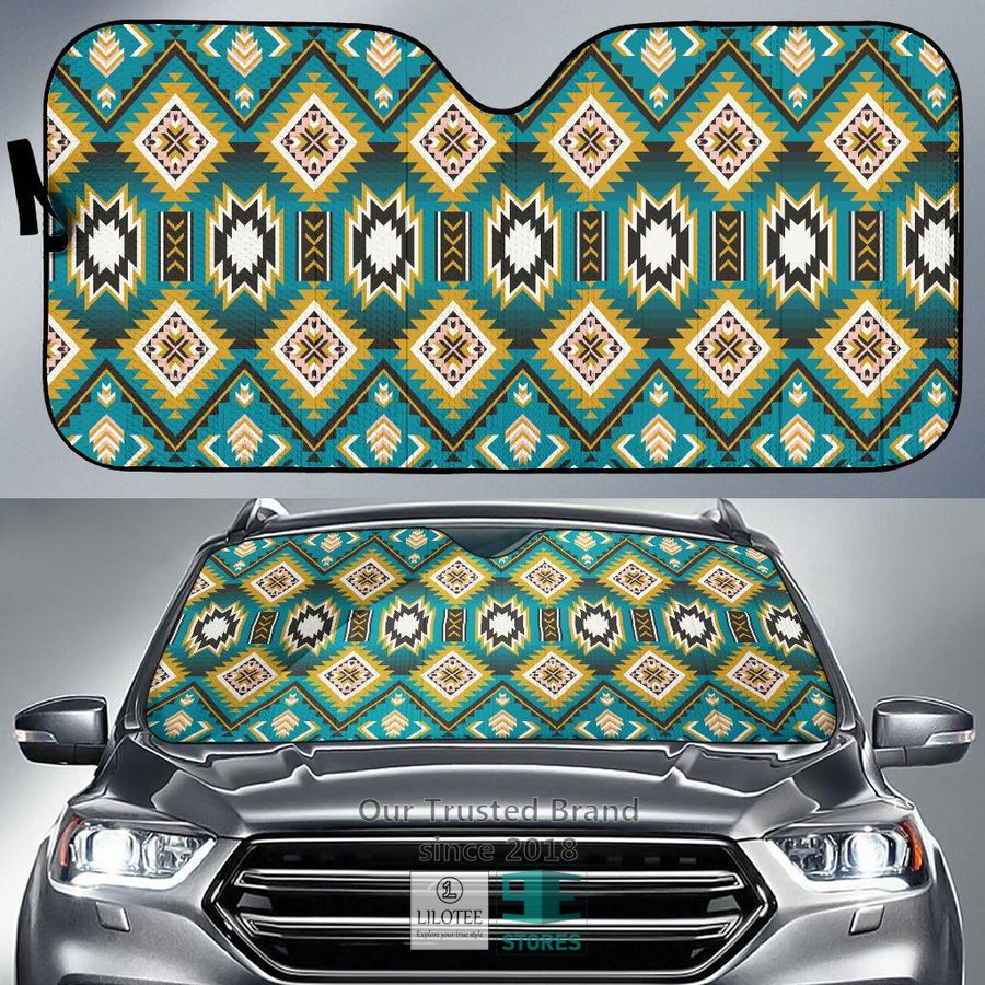 Turquoise Blue Color Native Ameican Design Car Sun Shades