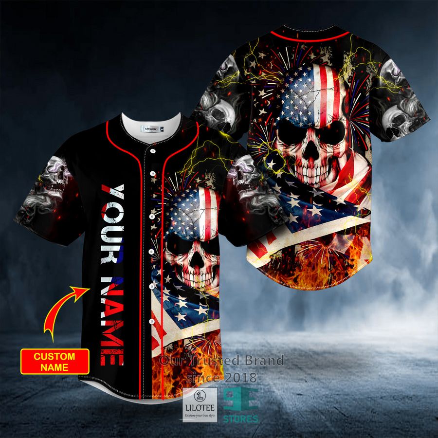 American Flag Firework Lightning Fire Skull Custom Baseball Jersey 9