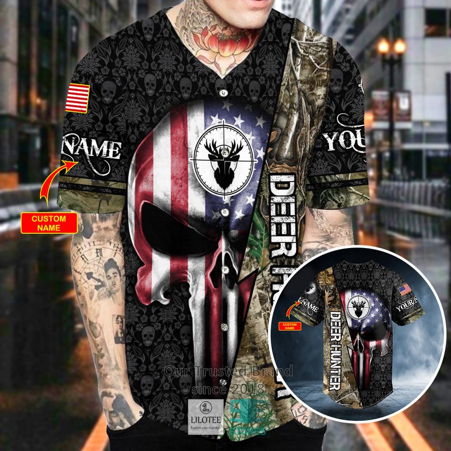 Alternative view of American Skull Flag Deer Hunter Custom Baseball Jersey