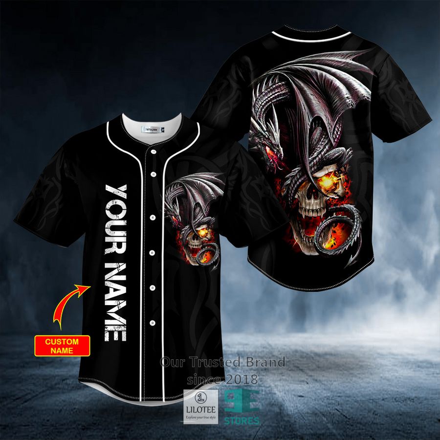 Black Gothic Dragon Fire Skull Custom Baseball Jersey 8