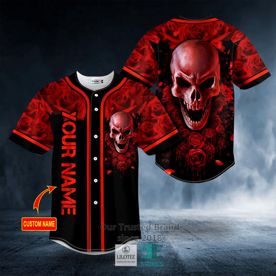 Blood Red Rose Skull Custom Baseball Jersey 9
