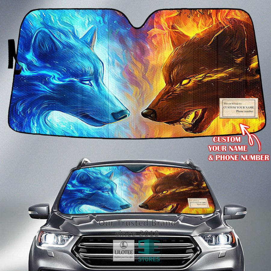 Blue And Red Wolf Custom Name Car Sun Shades 4