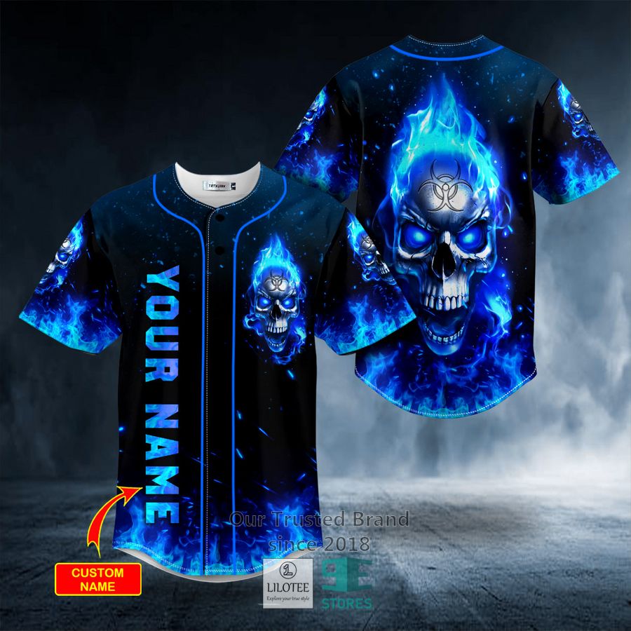 Blue Flaming Biohazard Tribal Metal Skull Custom Baseball Jersey 8