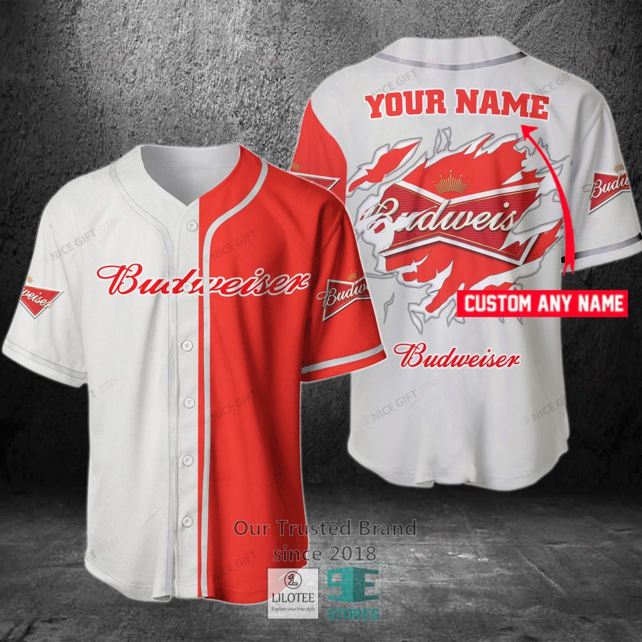 Budweiser Your Name Red White Baseball Jersey 2