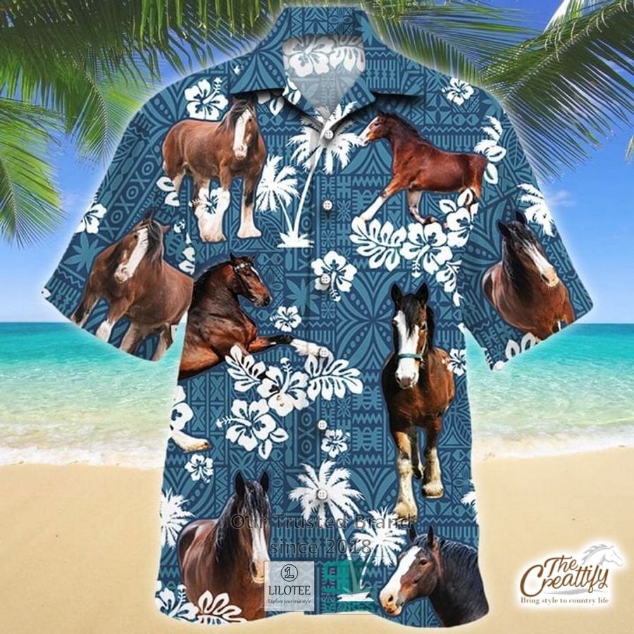 Clydesdale Horse Blue Tribal Pattern Hawaiian Shirt 8