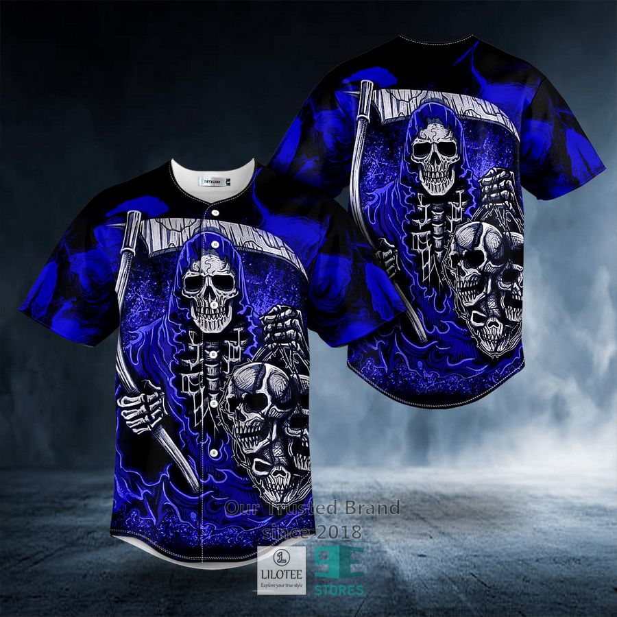 Dark Blue Fatal Shears Grim Reaper Skull Baseball Jersey 9