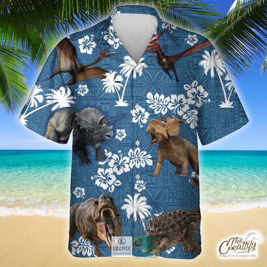 Dinosaur Blue Tribal Pattern Hawaiian Shirt 8