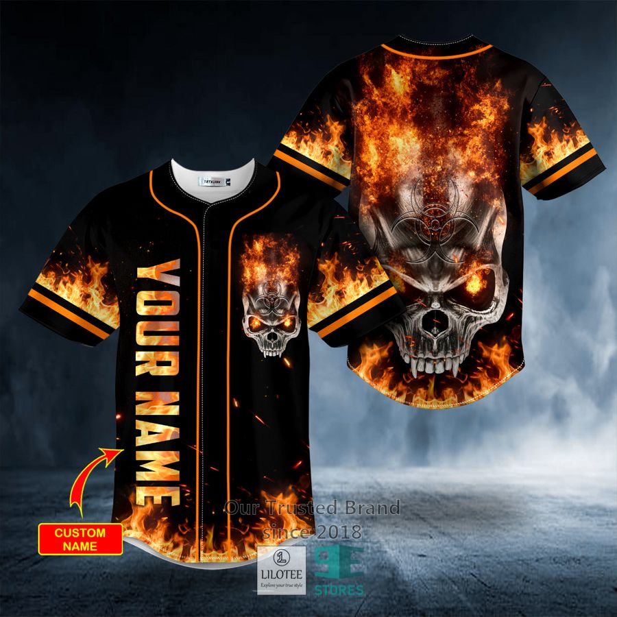 Fire Angry Biohazard Skull Custom Baseball Jersey 8