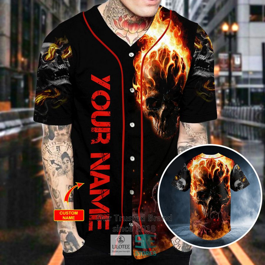Alternative view of Flaming Dark Skull Custom Baseball Jersey
