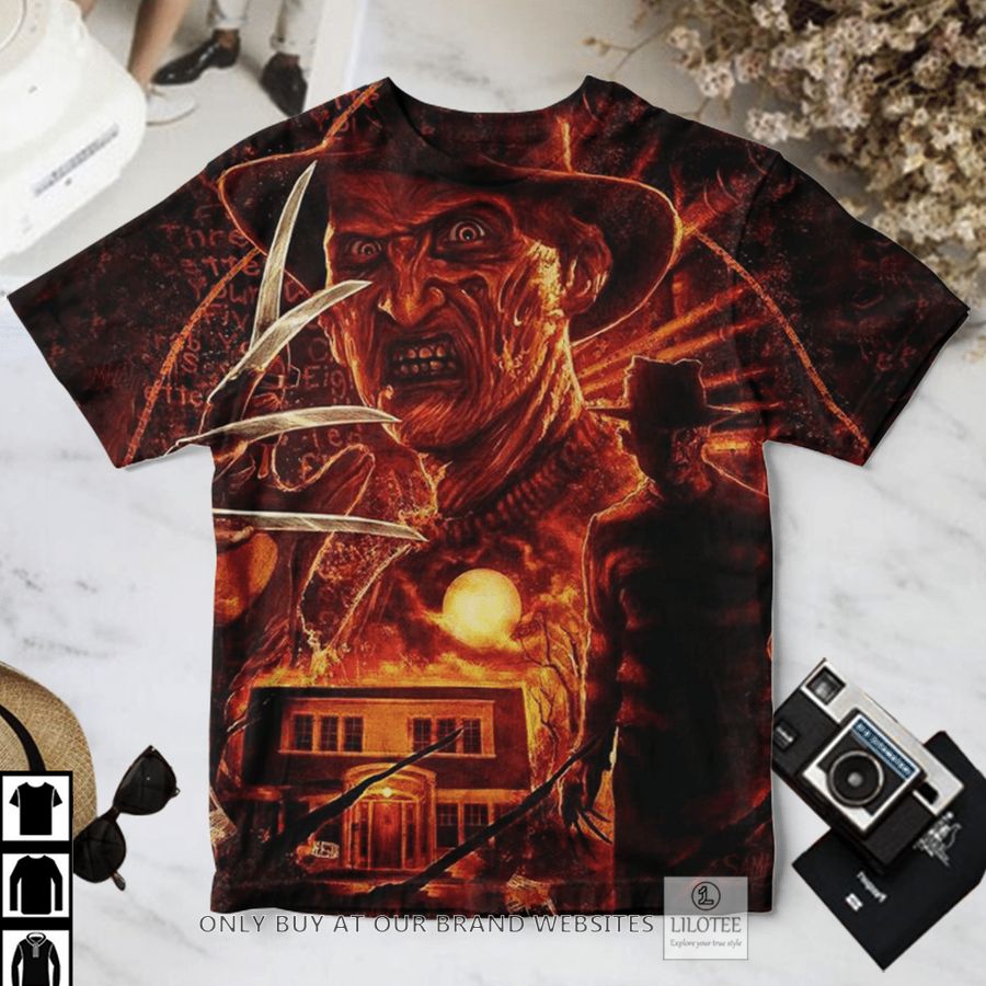 Freddy Krueger burning house at moon night T-Shirt 2