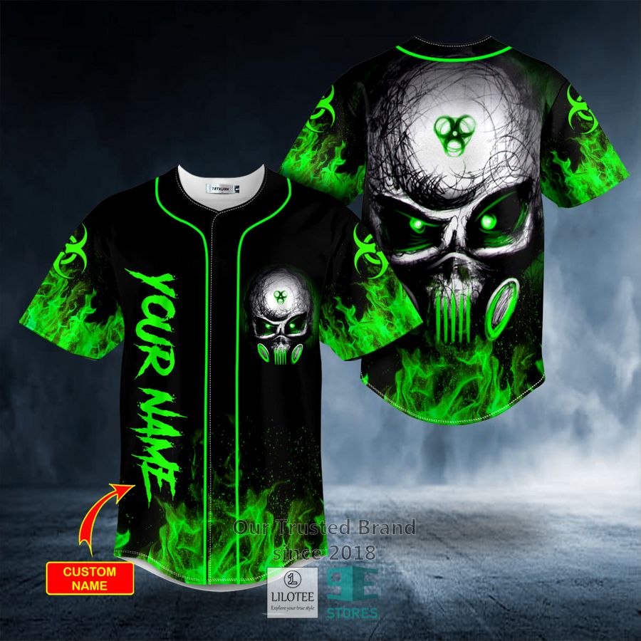 Green Eyes Biohazard Skull Custom Baseball Jersey 8